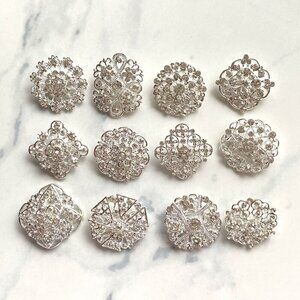 SET 12 Bridal Princess Party Crystal Rhinestone Silver tone Bouquet Brooch Lot